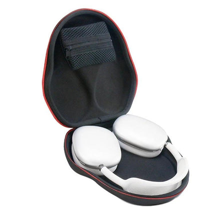 Compact Bag for Protecting Earphones During Daily Travel - EVA shockproof travel case holding over-ear headphones, zippered interior pocket, black with red trim