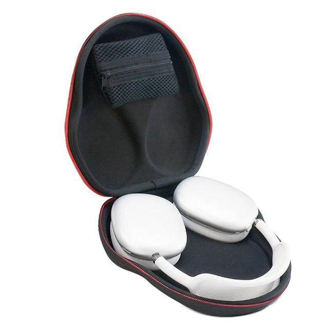 Compact Bag for Protecting Earphones During Daily Travel - EVA shockproof travel case holding over-ear headphones, zippered interior pocket, black with red trim