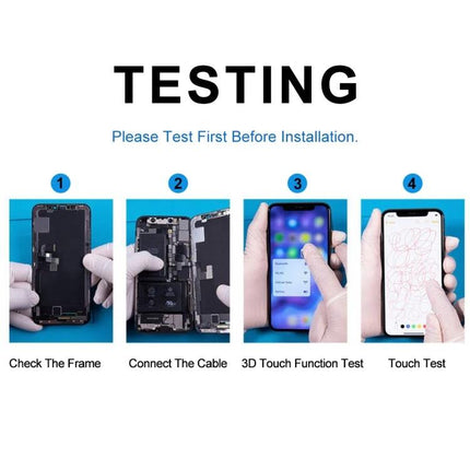 iPhone XS Original OLED Screen for Everyday Device Maintenance - testing steps showing frame check, cable connect, 3D Touch and touch test