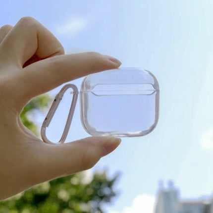 Transparent Protective Case for AirPods 3 with Everyday Hook held outdoors showing clear cover and clip for commuting protection