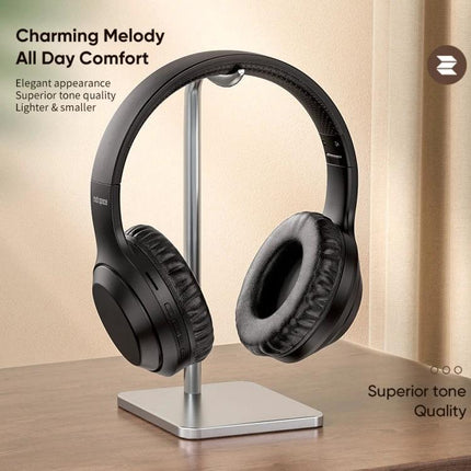 ROCK Space O2 Wireless Headset With Built In Mic For Commuting shown on stand, Bluetooth headset with plush earcups and built-in mic