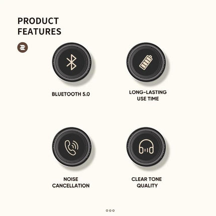 ROCK Space O2 Wireless Headset With Built In Mic For Commuting icons showing Bluetooth 5.0 battery noise cancellation sound quality