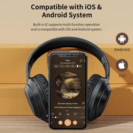 ROCK Space O2 Wireless Headset With Built In Mic For Commuting shown with smartphone playing music and compatible with iOS Android