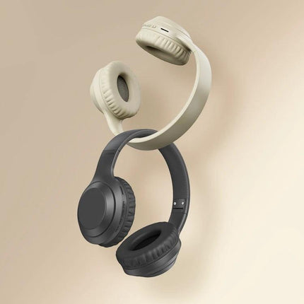 ROCK Space O2 Wireless Headset With Built In Mic For Commuting in black and beige Bluetooth headphones showing earcups and headband