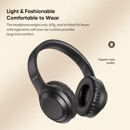 ROCK Space O2 Wireless Headset With Built In Mic For Commuting lightweight black over-ear Bluetooth headset with cushioned ear pads