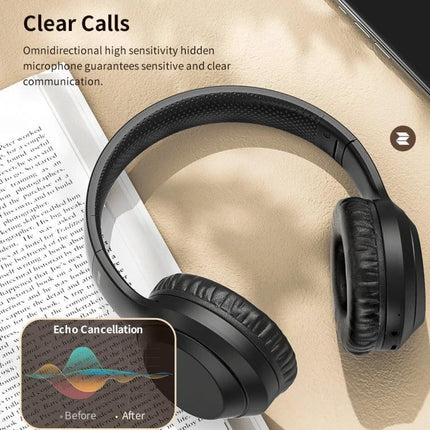 ROCK Space O2 Wireless Headset With Built In Mic For Commuting black over-ear Bluetooth headset on table with book