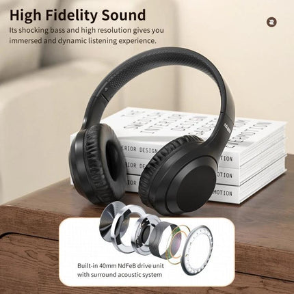 ROCK Space O2 Wireless Headset With Built In Mic For Commuting shown on table highlighting high fidelity sound and 40mm drivers