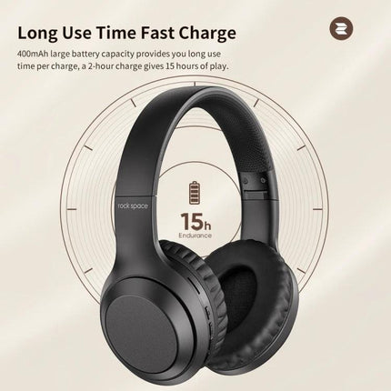 ROCK Space O2 Wireless Headset With Built In Mic For Commuting black over-ear headphones showing 15h battery life