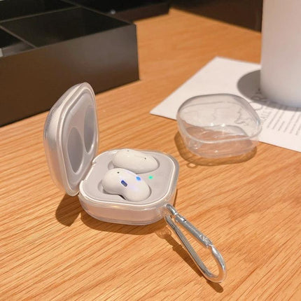 Protective Case for Samsung Galaxy Buds Live Daily Carry Essentials shown open with earbuds and carabiner on a wooden table