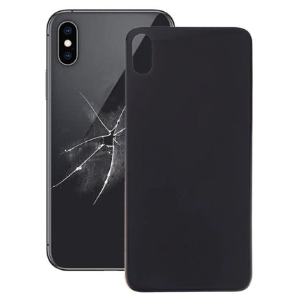 Glass Back Cover Replacement for iPhone XS Everyday Use - black replacement glass shown beside cracked iPhone XS rear housing