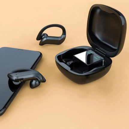 Wireless Earbuds With Compact Charging Case For Daily Use shown with open charging case, two hanging ear buds and a phone