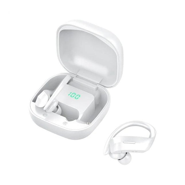 Wireless Earbuds With Compact Charging Case For Daily Use white hanging-earbuds in open compact charging case with LED display