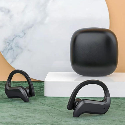 Wireless Earbuds With Compact Charging Case For Daily Use shown black hanging-ear design with compact charging case