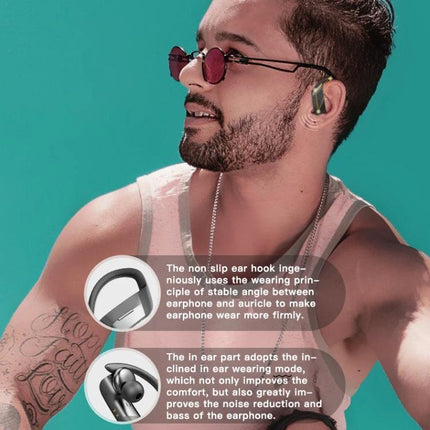Wireless Earbuds With Compact Charging Case For Daily Use man wearing hanging ear design earbuds with compact charging case