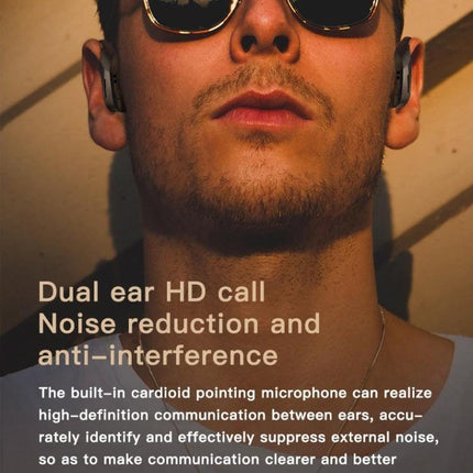 Wireless Earbuds With Compact Charging Case For Daily Use shown in-ear on man wearing sunglasses during commute