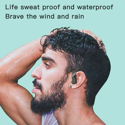 Wireless Earbuds With Compact Charging Case For Daily Use shown in-ear on a man sweating, water-resistant for workouts and commuting