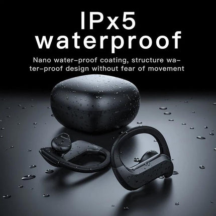 Wireless Earbuds With Compact Charging Case For Daily Use shown with IPx5 water droplets on charging case and hanging ear design