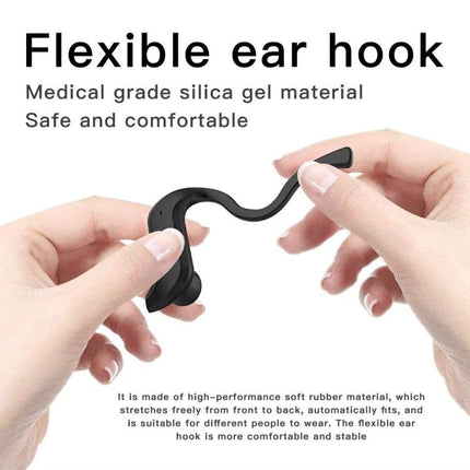 Wireless Earbuds With Compact Charging Case For Daily Use black hanging ear hook shown being stretched by hands