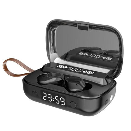 Wireless TWS Noise Canceling Earbuds With Charging Case For Daily Commute sleek black earbuds in open charging case with LED display