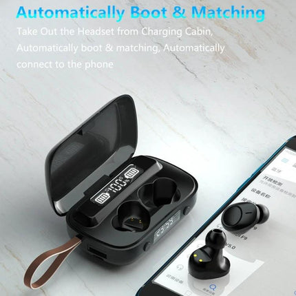 Wireless TWS Noise Canceling Earbuds With Charging Case For Daily Commute showing black earbuds, open charging case and smartphone connection