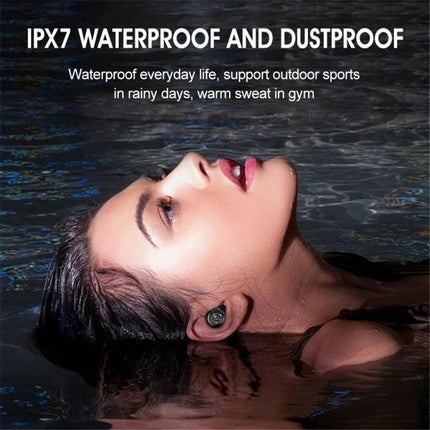 Wireless Bluetooth Earbuds With Noise Cancellation And Charging Case shown IPX7 waterproof model in black with charging case power bank features