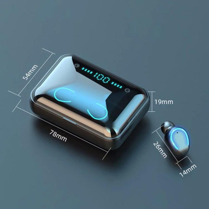 Wireless Bluetooth Earbuds With Noise Cancellation And Charging Case showing LED display charging case and single blue earbud