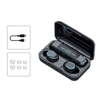 Wireless Earbuds With Charging Case For Everyday Calls showing black TWS earbuds in charging case with LED display