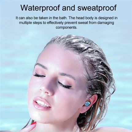 Wireless Earbuds With Charging Case For Everyday Calls shown waterproof in use by a woman with wet hair during swimming