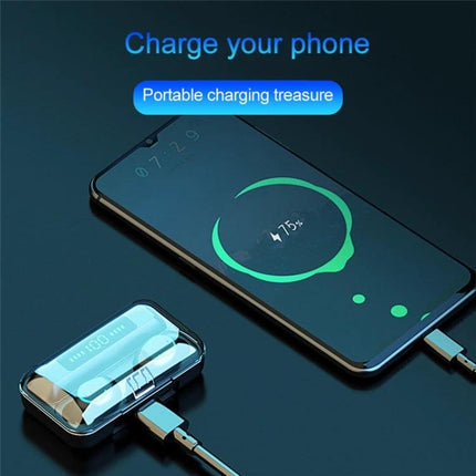 Wireless Earbuds With Charging Case For Everyday Calls showing charging case acting as power bank and phone holder