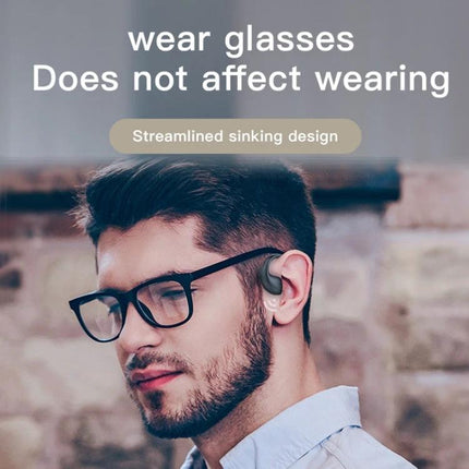 Bone Conduction Open Ear Headphones For Running And Commuting worn with glasses showing open-ear cheekbone design for safety