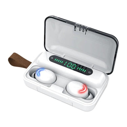 Wireless Bluetooth Earbuds For Everyday Music And Hands Free Calls white earbuds in charging case with LED battery display and lights