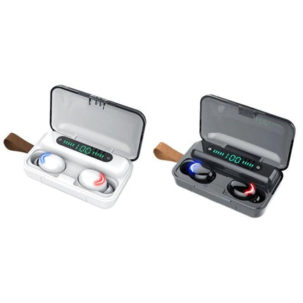 Wireless Bluetooth Earbuds For Everyday Music And Hands Free Calls in white and black charging cases with LED battery display