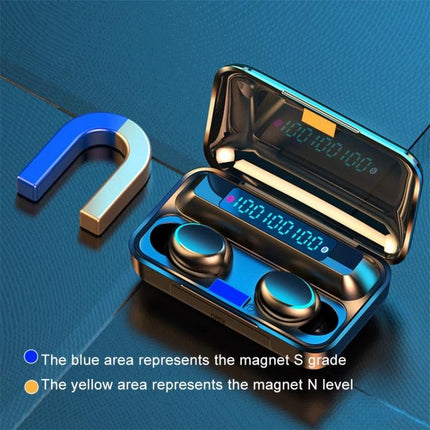 Wireless Bluetooth Earbuds For Everyday Music And Hands Free Calls in metallic blue charging case with digital battery display