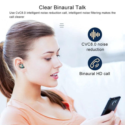 Wireless Bluetooth Earbuds For Everyday Music And Hands Free Calls woman using earbuds with CVC8.0 noise reduction and binaural HD call