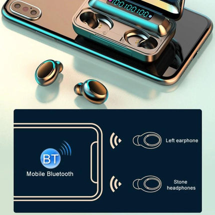 Wireless Bluetooth Earbuds For Everyday Music And Hands Free Calls shown with open charging case, earbuds near phone