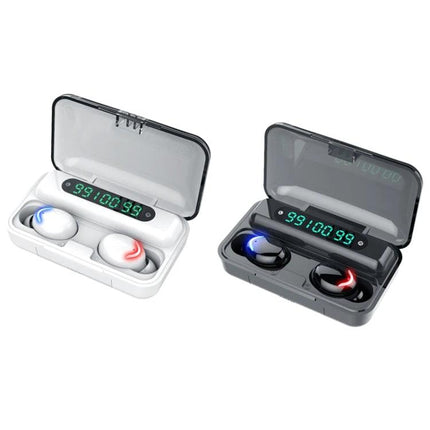 Wireless Bluetooth Earbuds For Commuting Workouts And Clear Calls Black in white and black charging cases with LED battery display