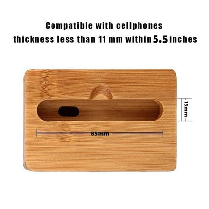 Natural Bamboo Universal Desktop Phone Stand for Smartphones bamboo desk stand showing 85mm slot and 13mm depth for phones up to 5.5 inches