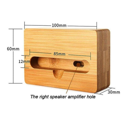 Natural Bamboo Universal Desktop Phone Stand for Smartphones - bamboo desk phone stand with speaker amplifier hole and dimensions 100x60x30mm