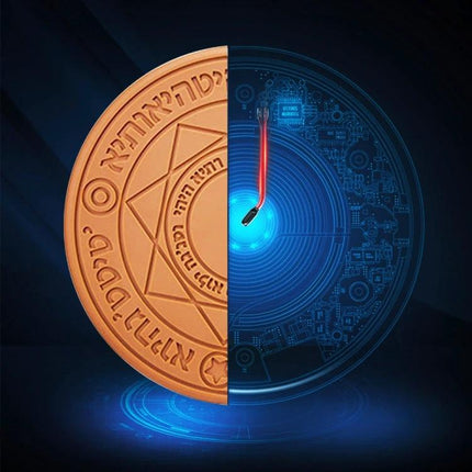 Wireless Charger for Daily Home and Travel Essentials showing coin-style talisman half metal, half-tech circuit wireless charging pad