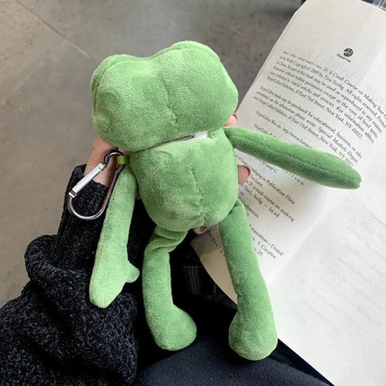Protect your earbuds daily with a plush frog case on the go - green plush frog AirPods case with carabiner, soft anti-fall cover and charging port access