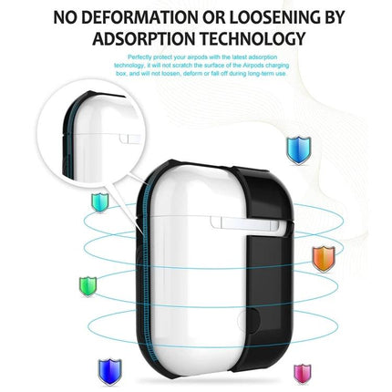 Essential Protective Bag for Apple AirPods Daily Use - slim black protective case showing adsorption tech shielding AirPods from dust, moisture, and bumps