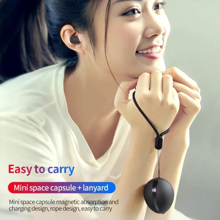 Space Capsule Wireless Earbuds With Magnetic Charging Case shown in compact space capsule case with lanyard, black, commuting use