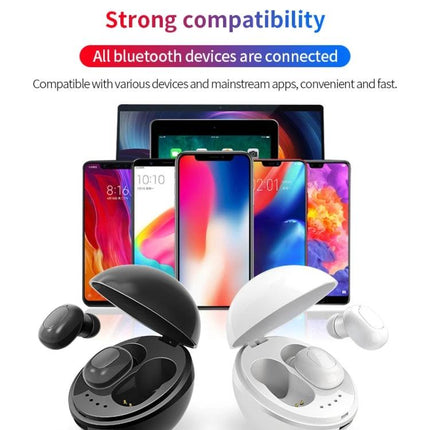 Space Capsule Wireless Earbuds With Magnetic Charging Case shown in black and white with phones and tablets, compact lanyard design