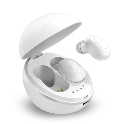 Space Capsule Wireless Earbuds With Magnetic Charging Case in white, compact rounded charging case with removable lanyard