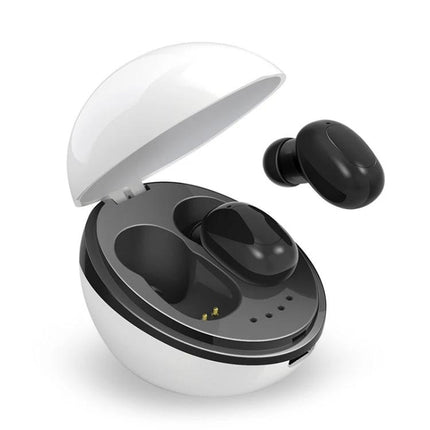 Space Capsule Wireless Earbuds With Magnetic Charging Case compact black earbuds in rounded white charging case, lanyard-ready