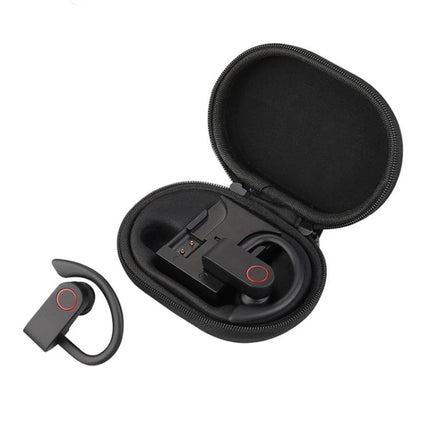 JHO Hanging Wireless Earbuds With Zippered Charging Case showing black hanging earbuds and open zippered charging storage case