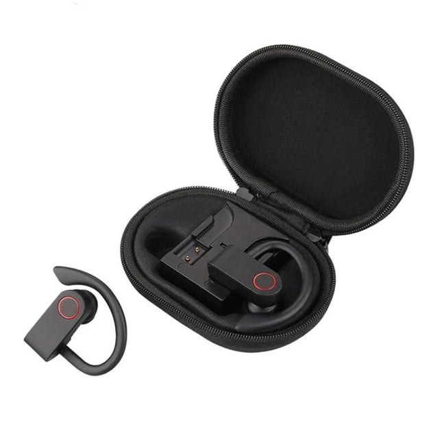 JHO Hanging Wireless Earbuds With Zippered Charging Case showing black hanging earbuds and open zippered charging storage case