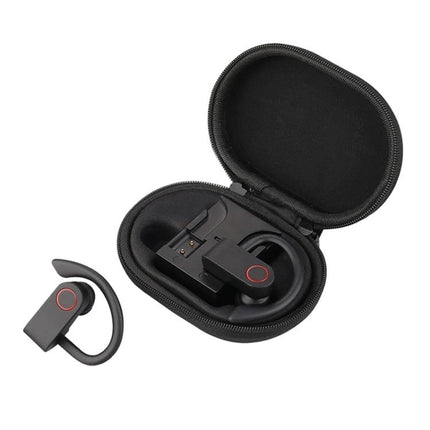 JHO Hanging Wireless Earbuds With Zippered Charging Case shown open with black earbud and compact zip carry case