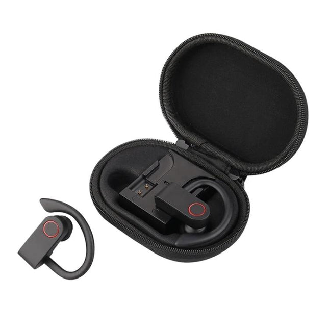 JHO Hanging Wireless Earbuds With Zippered Charging Case shown open with black earbud and compact zip carry case