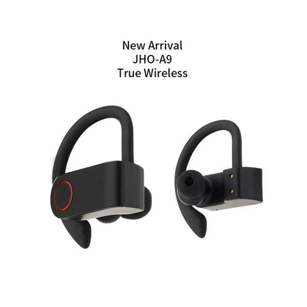 JHO Hanging Wireless Earbuds With Zippered Charging Case black hanging-style earbuds with zipper storage bag shown